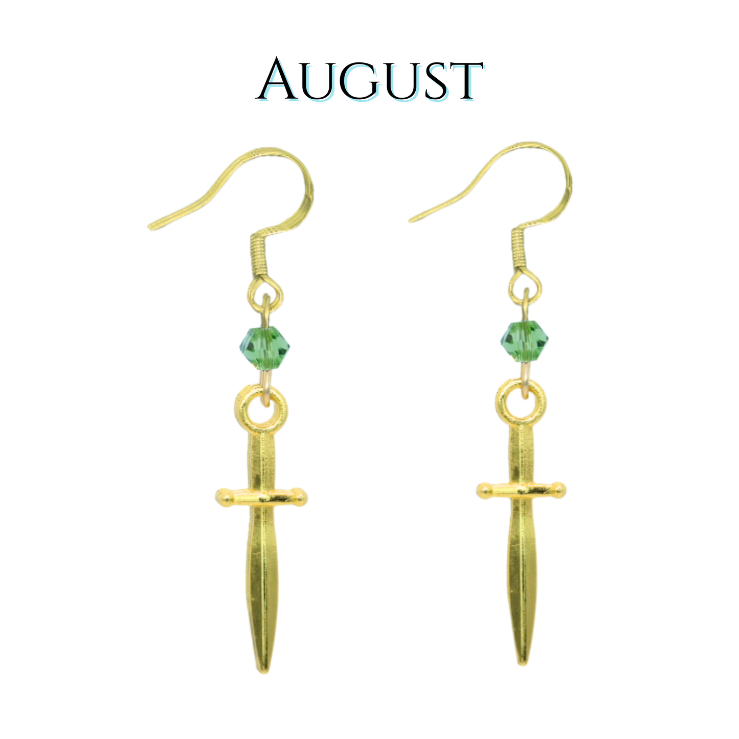 Gold dagger-shaped earrings with green crystal beads on a white background, labeled 'August'.