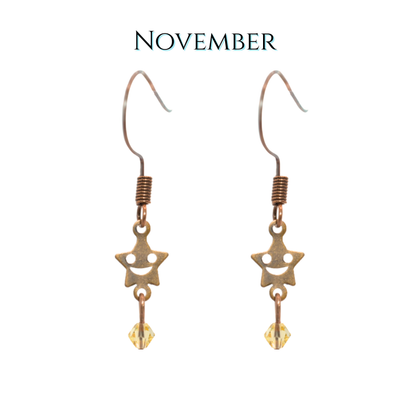 Star-shaped earrings with a topaz crystal on a white background, labeled 'November'.