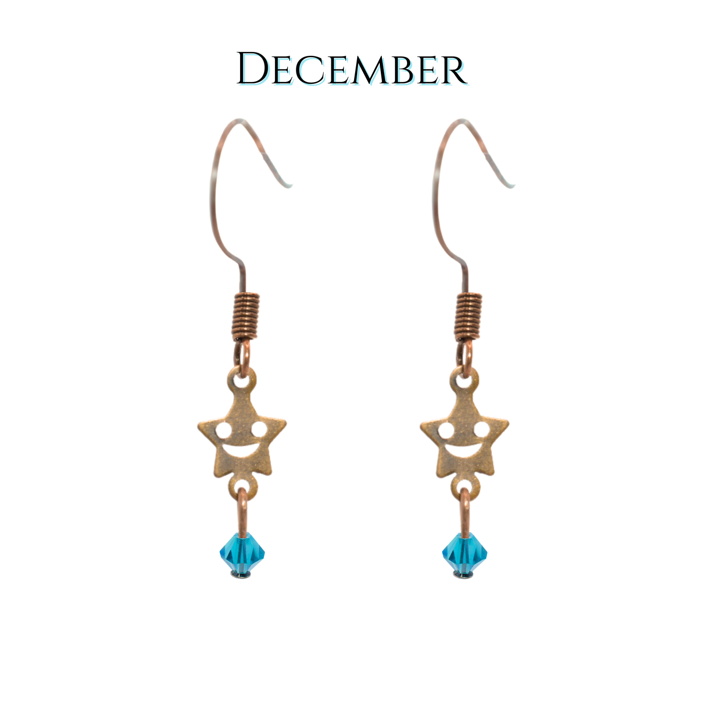 Star-shaped earrings with blue beads on a white background, labeled 'December'.
