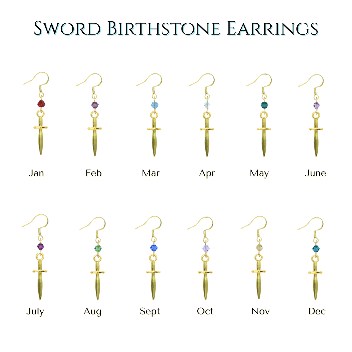 Sword-shaped birthstone earrings for each month on a white background