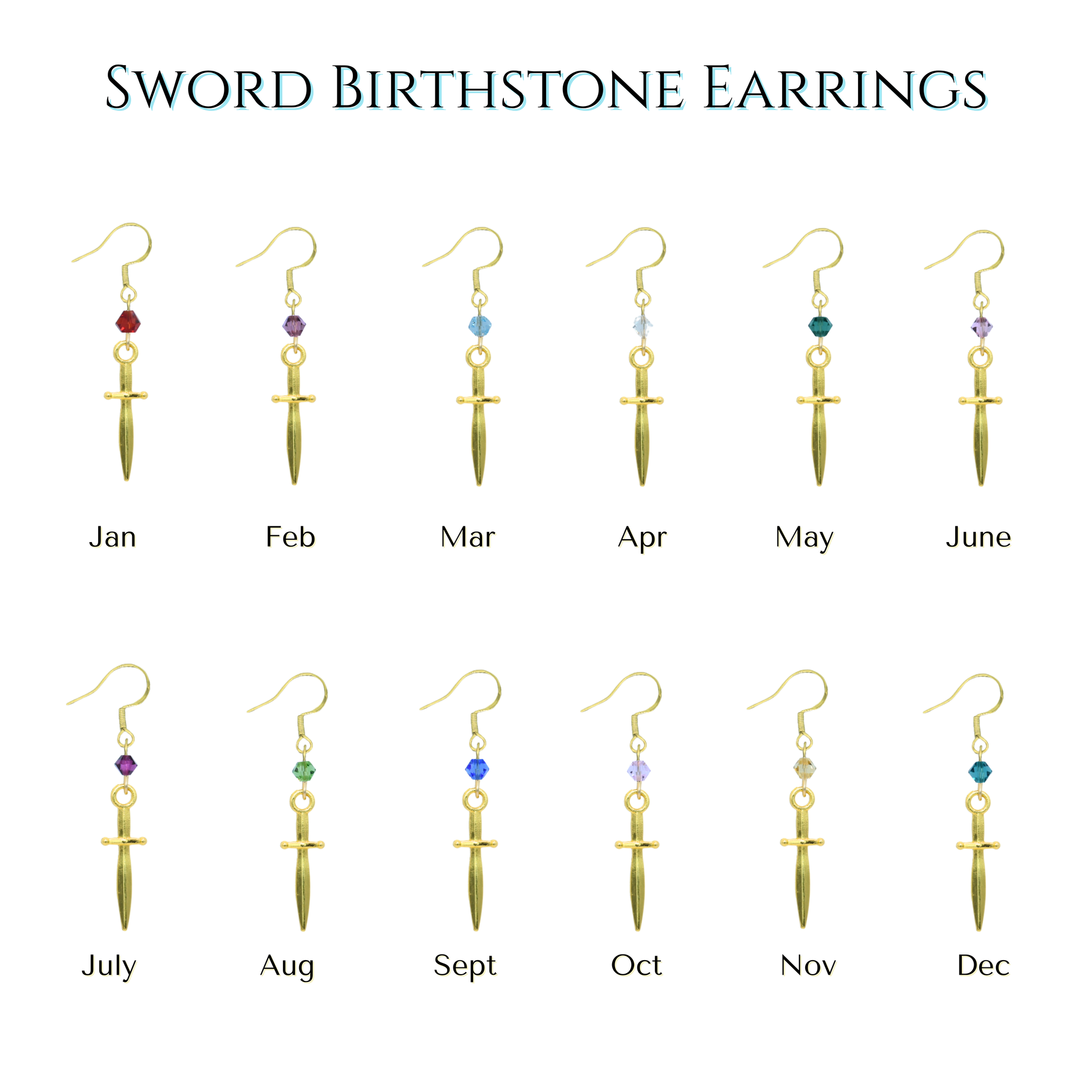 Sword-shaped birthstone earrings for each month on a white background
