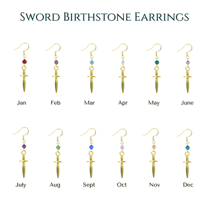 Sword-shaped birthstone earrings for each month on a white background