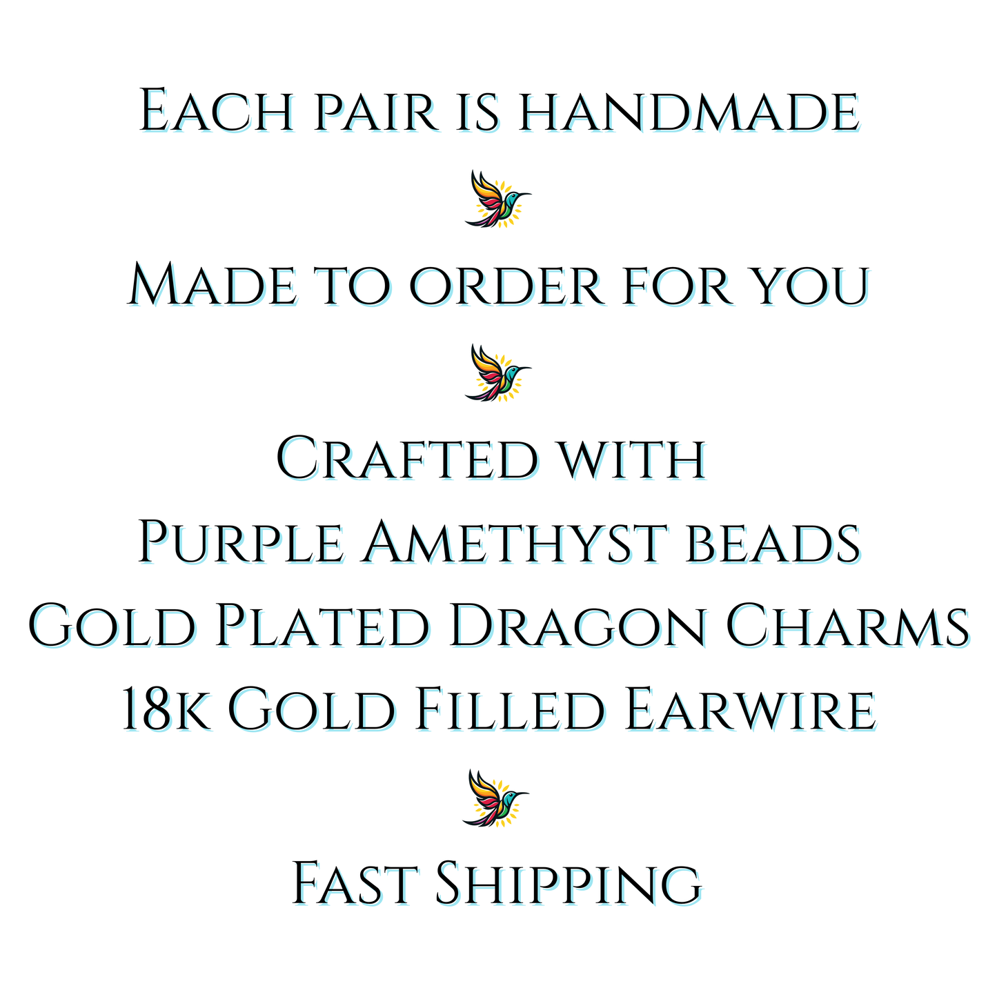 Text detailing the features of a jewelry product with purple amethyst beads and gold plating on a white background.