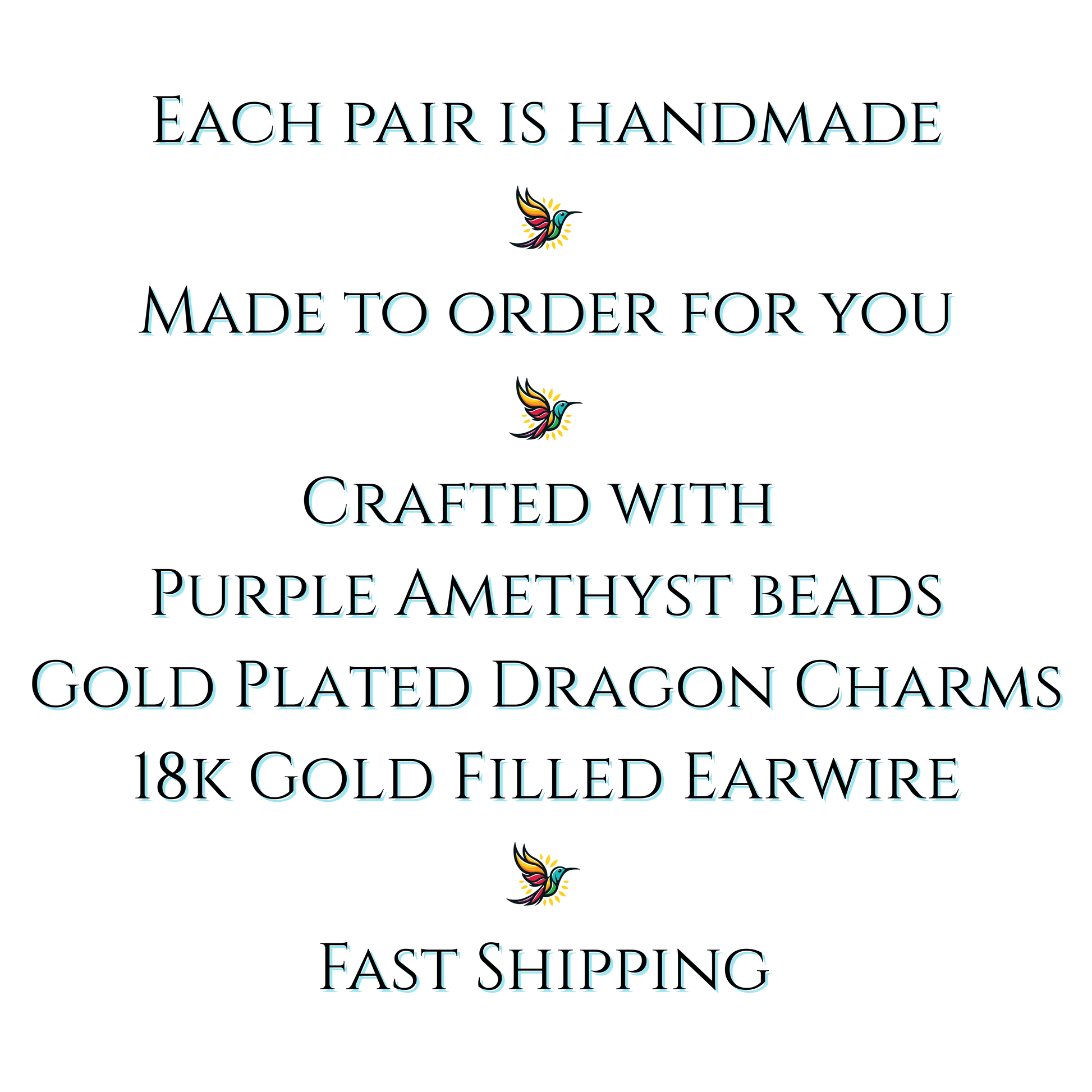 Text detailing the features of a jewelry product with purple amethyst beads and gold plating on a white background.