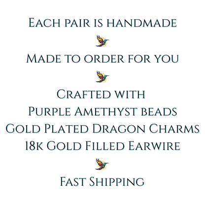 Text detailing the features of a jewelry product with purple amethyst beads and gold plating on a white background.