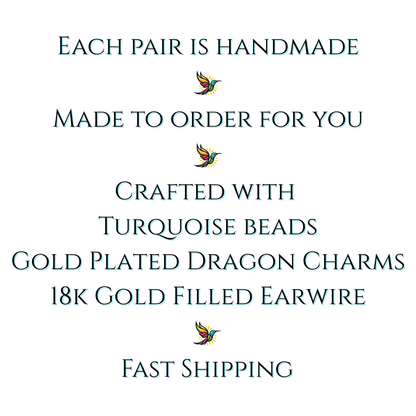 Text detailing the features of handmade jewelry with turquoise beads and gold plating on a white background.