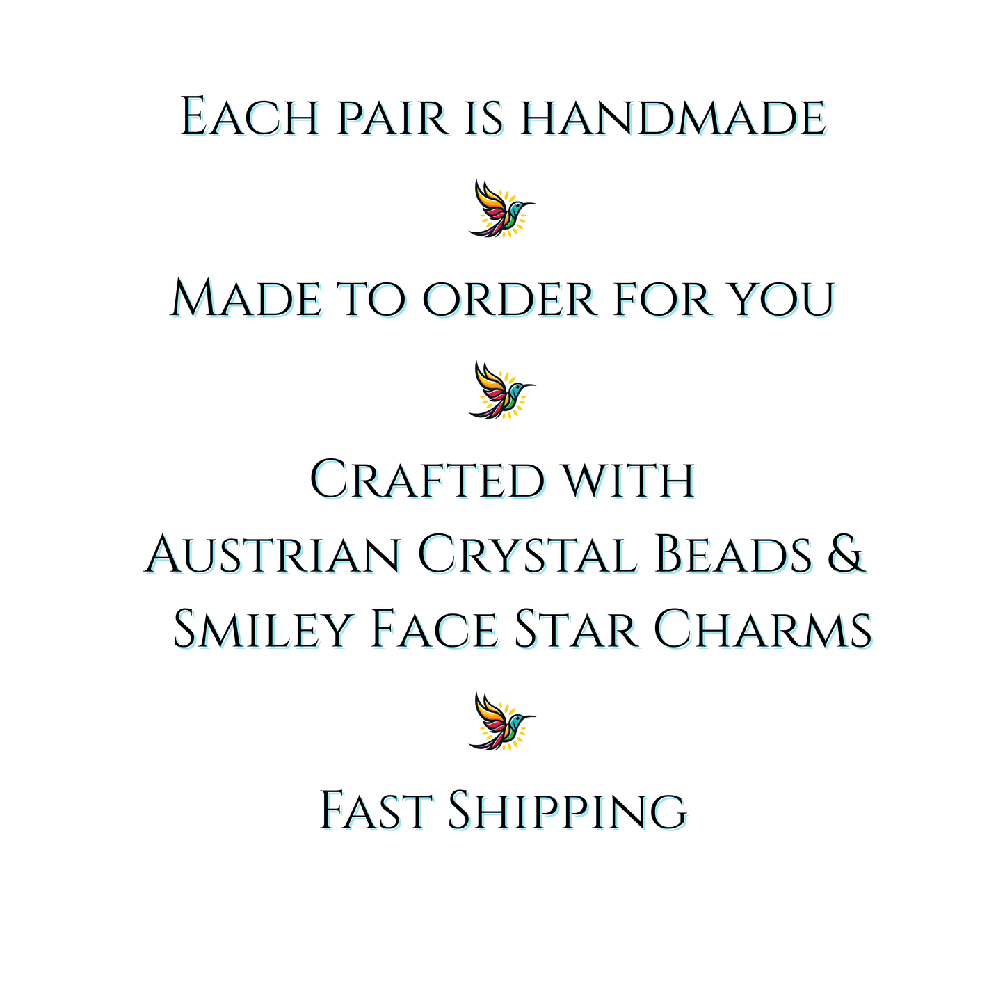 Text on a white background about handmade jewelry with Austrian crystal beads and smiley face star charms, featuring sunbird icons.