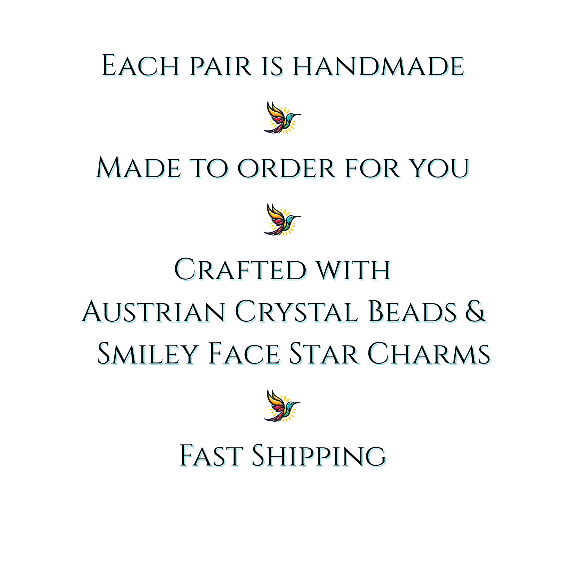 Text on a white background about handmade jewelry with Austrian crystal beads and smiley face star charms, featuring sunbird icons.