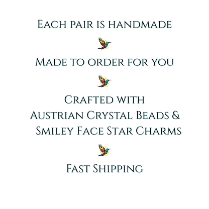 Text on a white background about handmade jewelry with Austrian crystal beads and smiley face star charms, featuring sunbird icons.