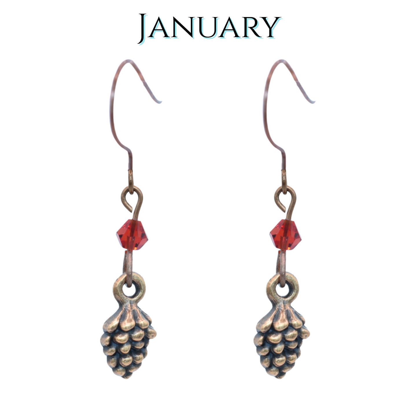 Pinecone-shaped earrings with red crystal beads on a white background, labeled 'January'.