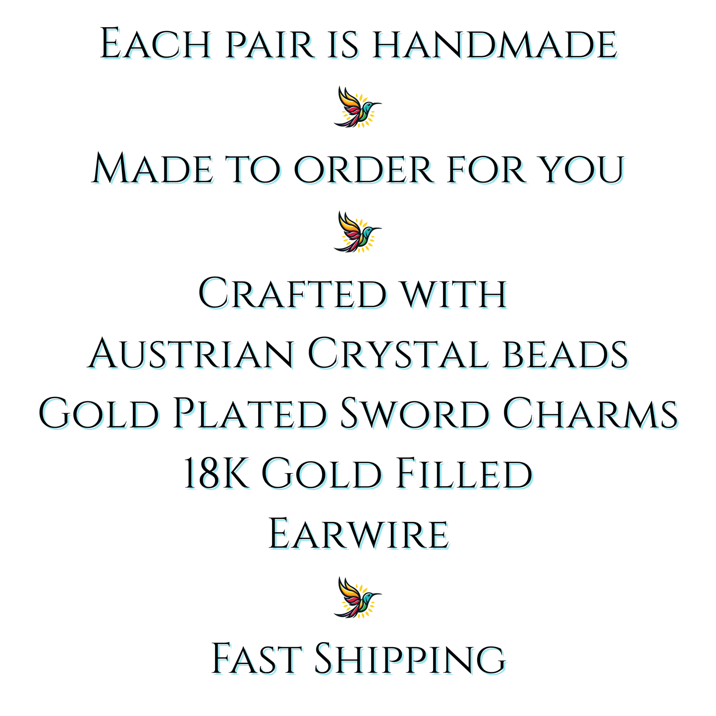 Text detailing the features of a product with gold and crystal elements on a white background.