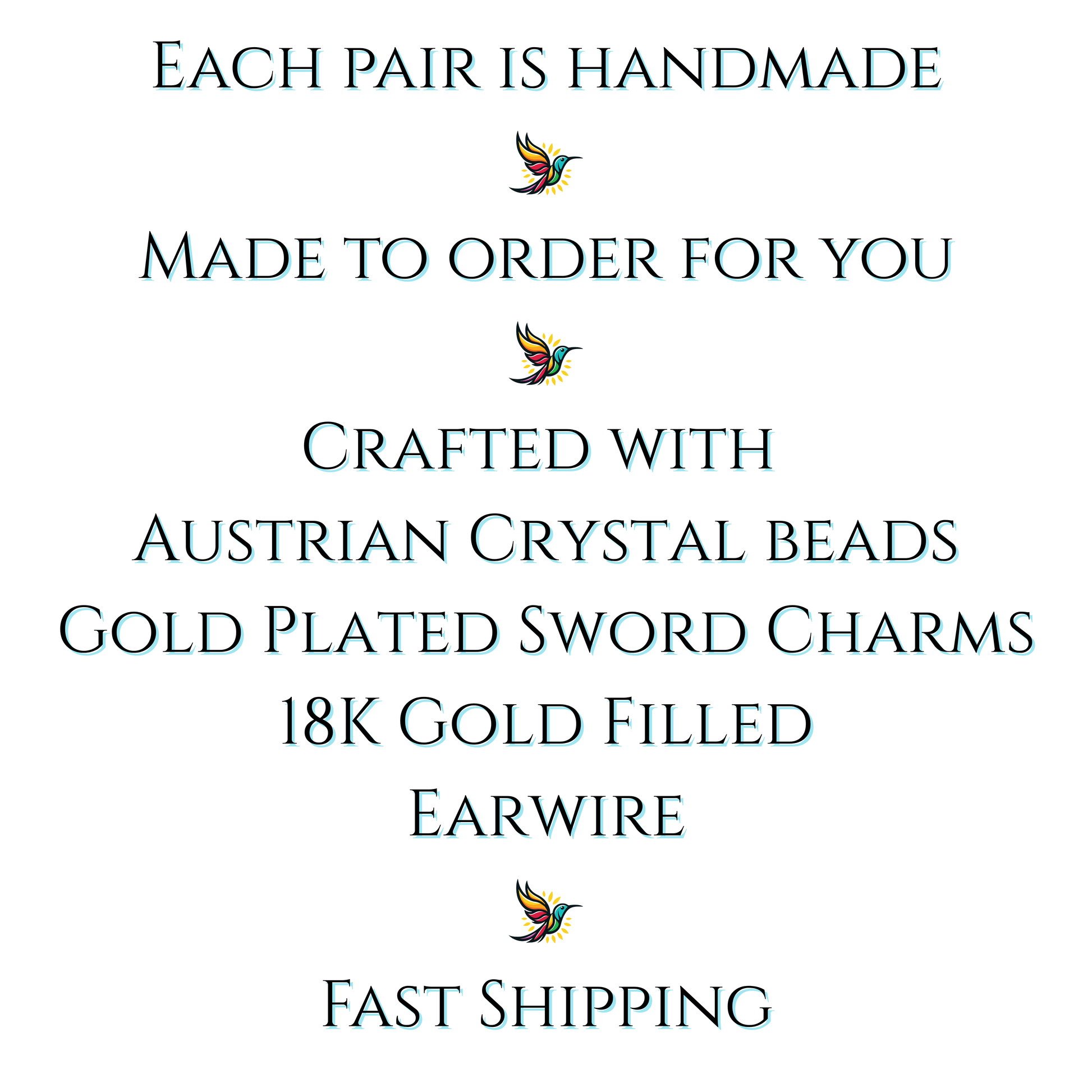 Text detailing the features of a product with gold and crystal elements on a white background.