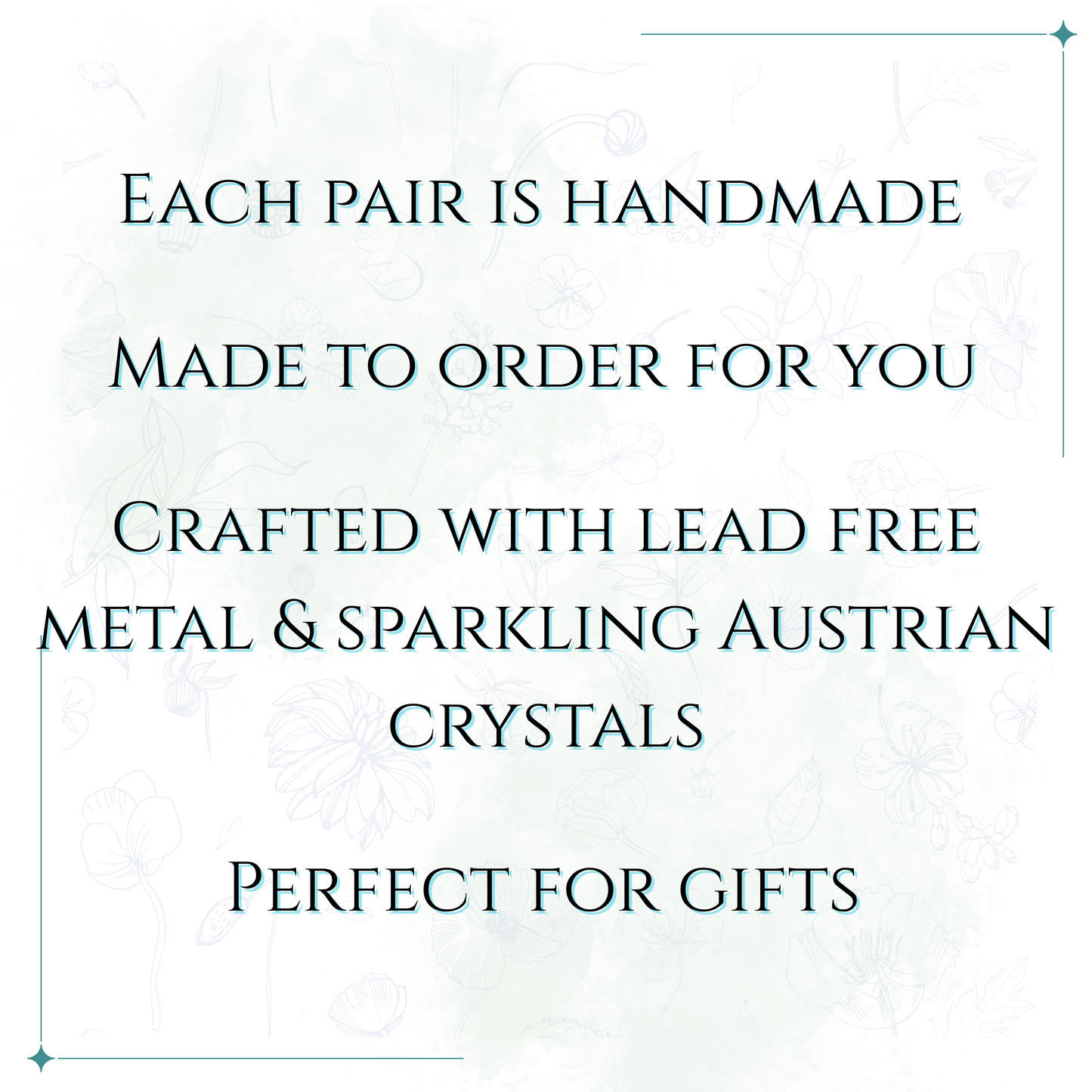 Text describing handmade jewelry with lead-free metal and Austrian crystals on a white background