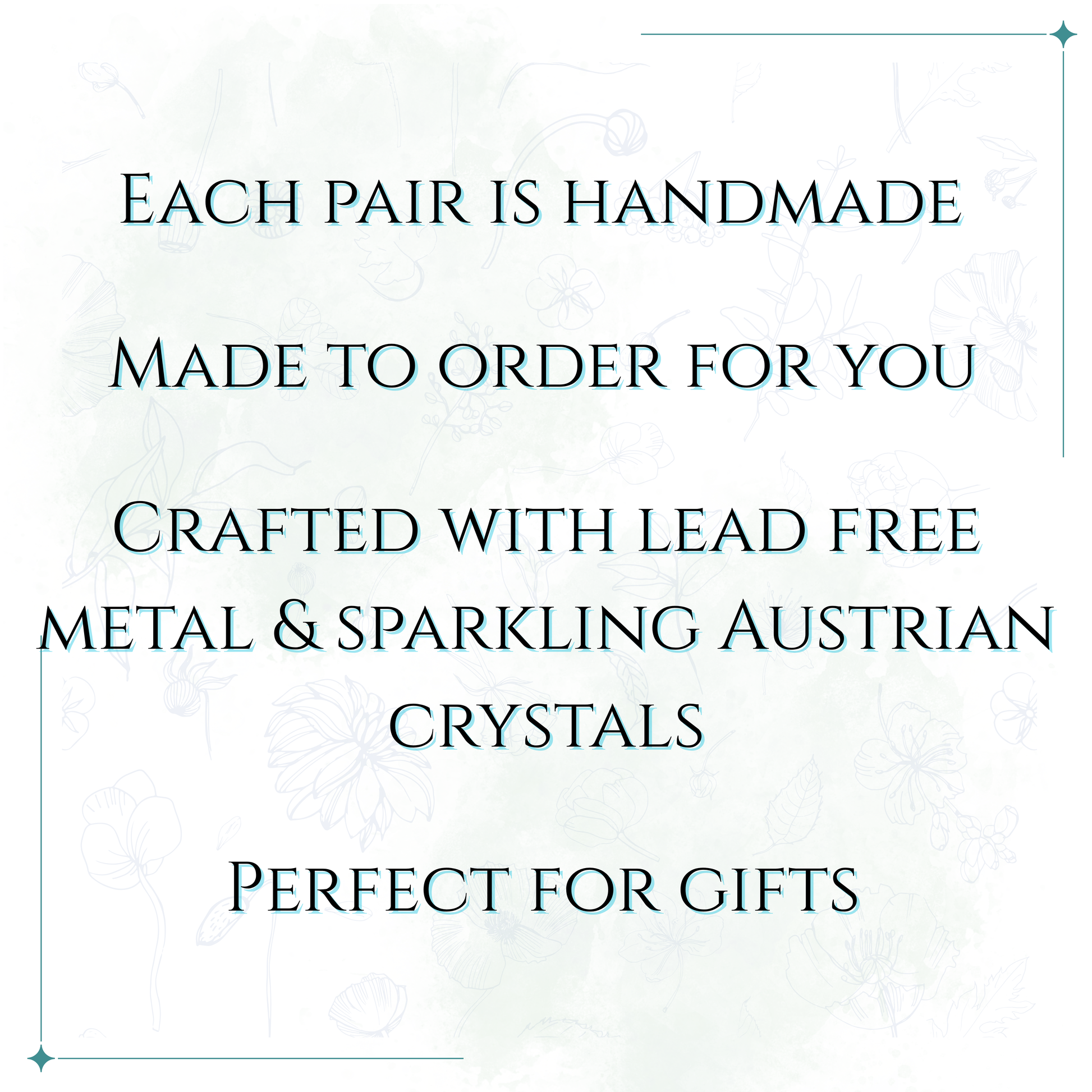 Text describing handmade jewelry with lead-free metal and Austrian crystals on a white background