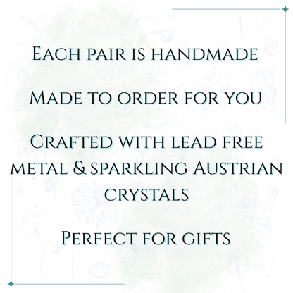 Text describing handmade jewelry with lead-free metal and Austrian crystals on a white background