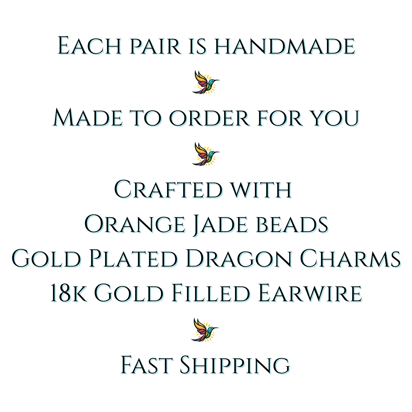 Text detailing the features of a jewelry product with orange jade beads, gold plating, and fast shipping on a white background.