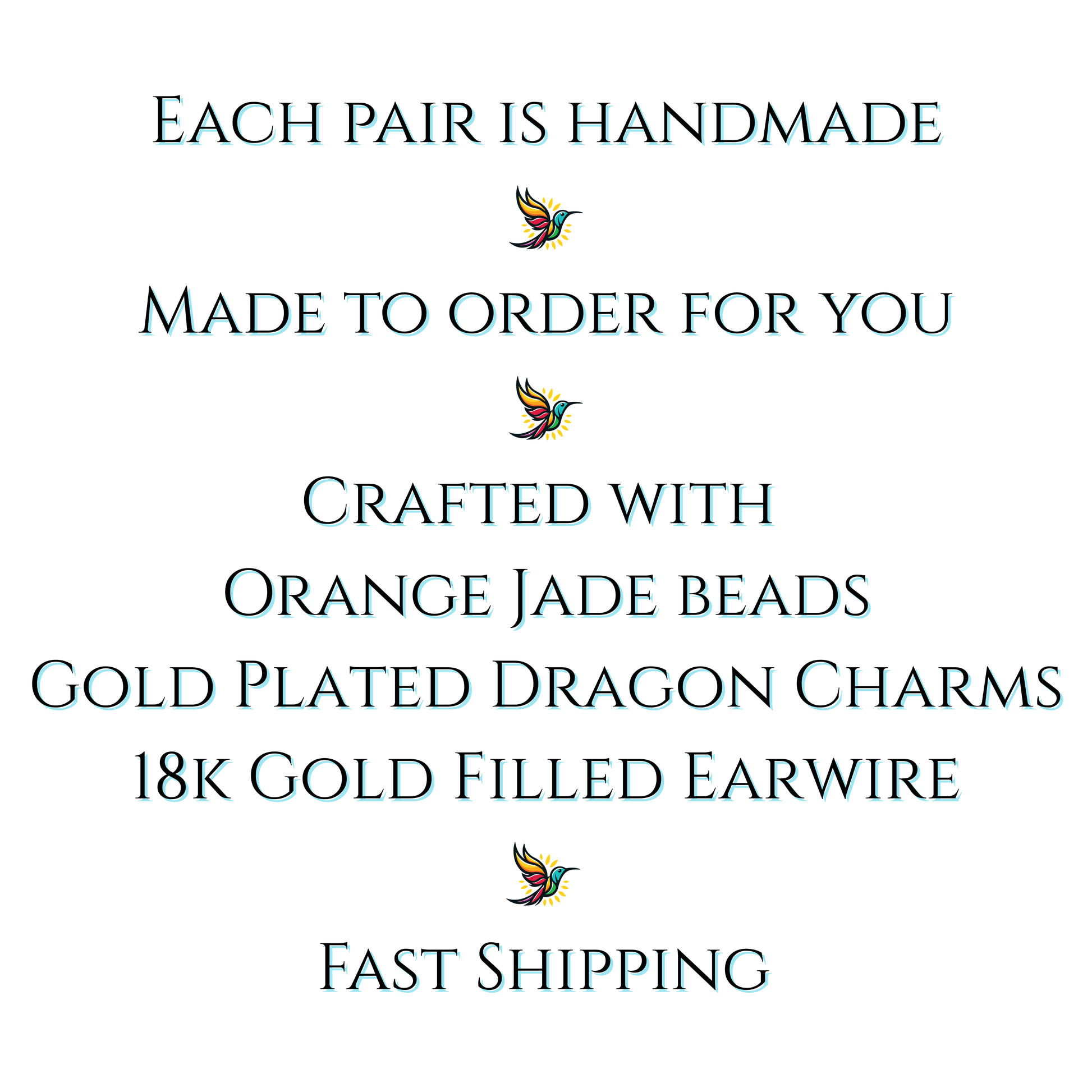 Text detailing the features of a jewelry product with orange jade beads, gold plating, and fast shipping on a white background.