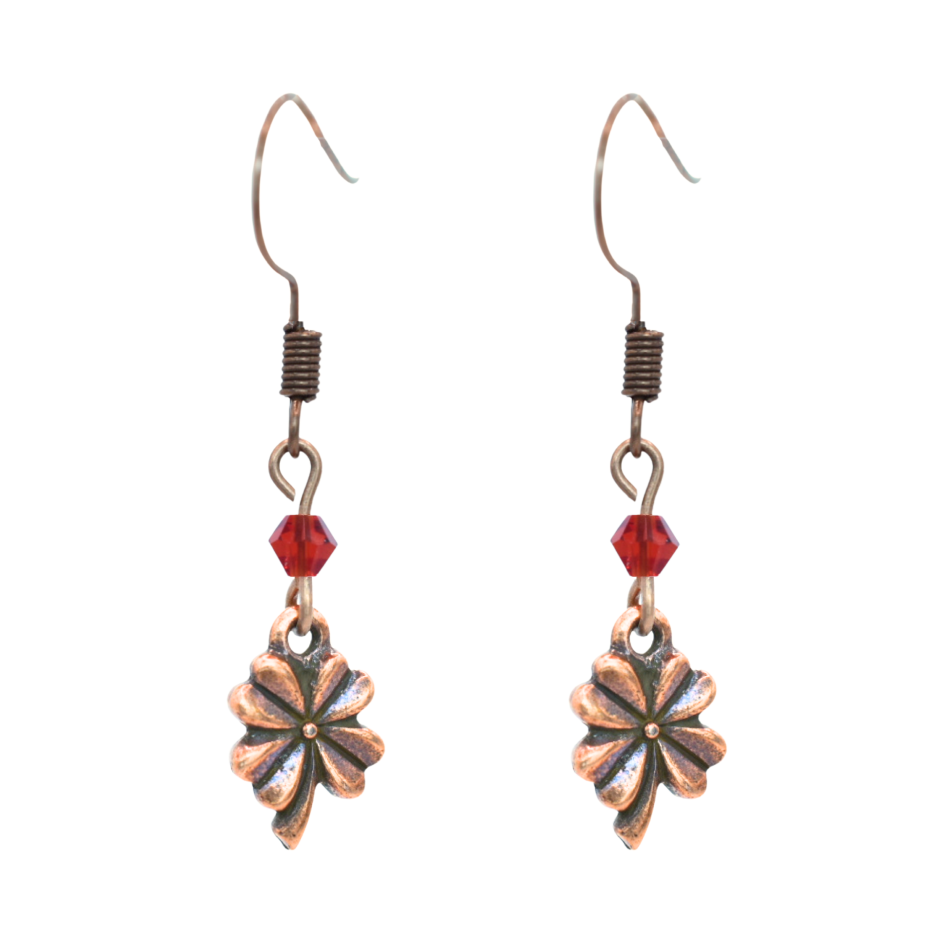 earrings featuring antique copper four leaf clover charms and Austrian crystal beads