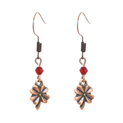 earrings featuring antique copper four leaf clover charms and Austrian crystal beads