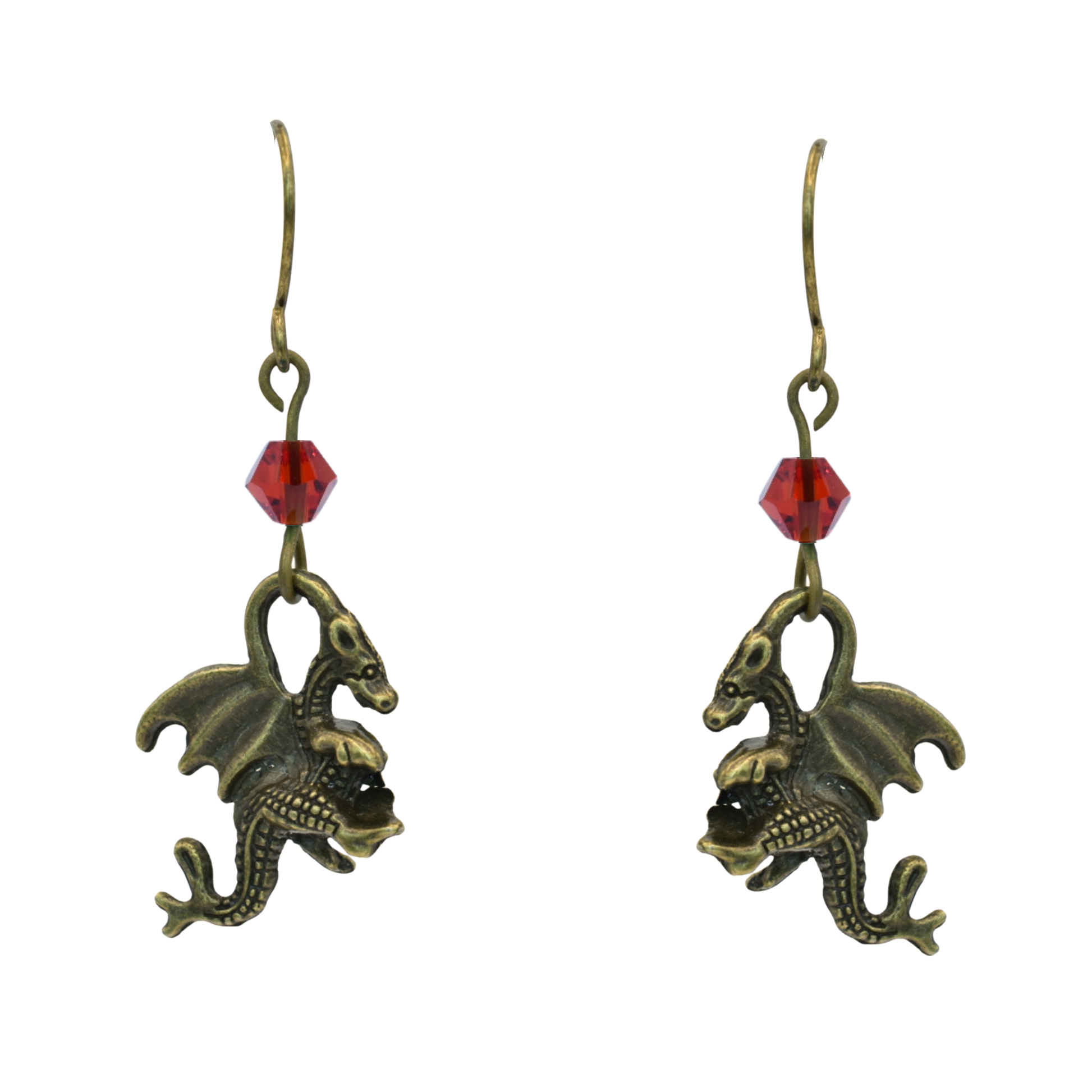 earrings featuring antique bronze dragon charms and red crystal beads