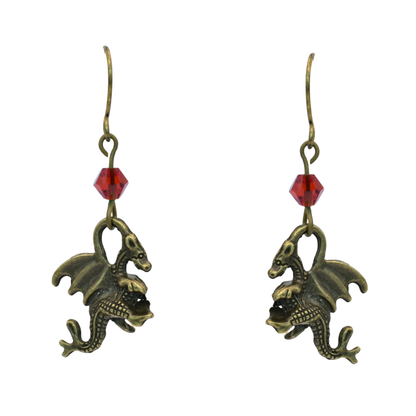 earrings featuring antique bronze dragon charms and red crystal beads
