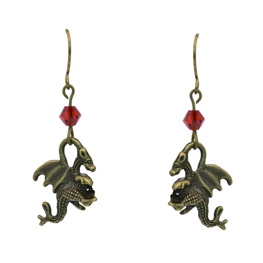 earrings featuring antique bronze dragon charms and red crystal beads
