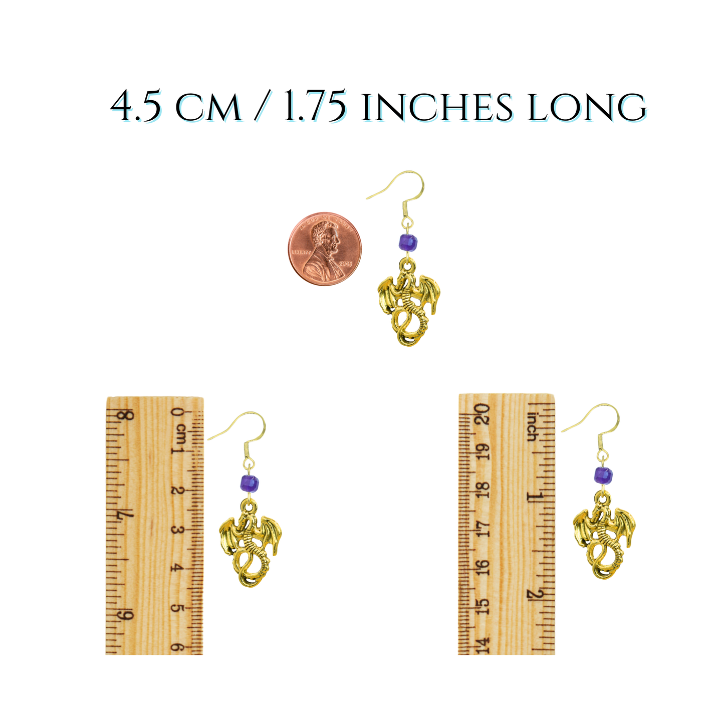 Gold earrings with dragon design on a white background, shown with a penny and ruler for scale.