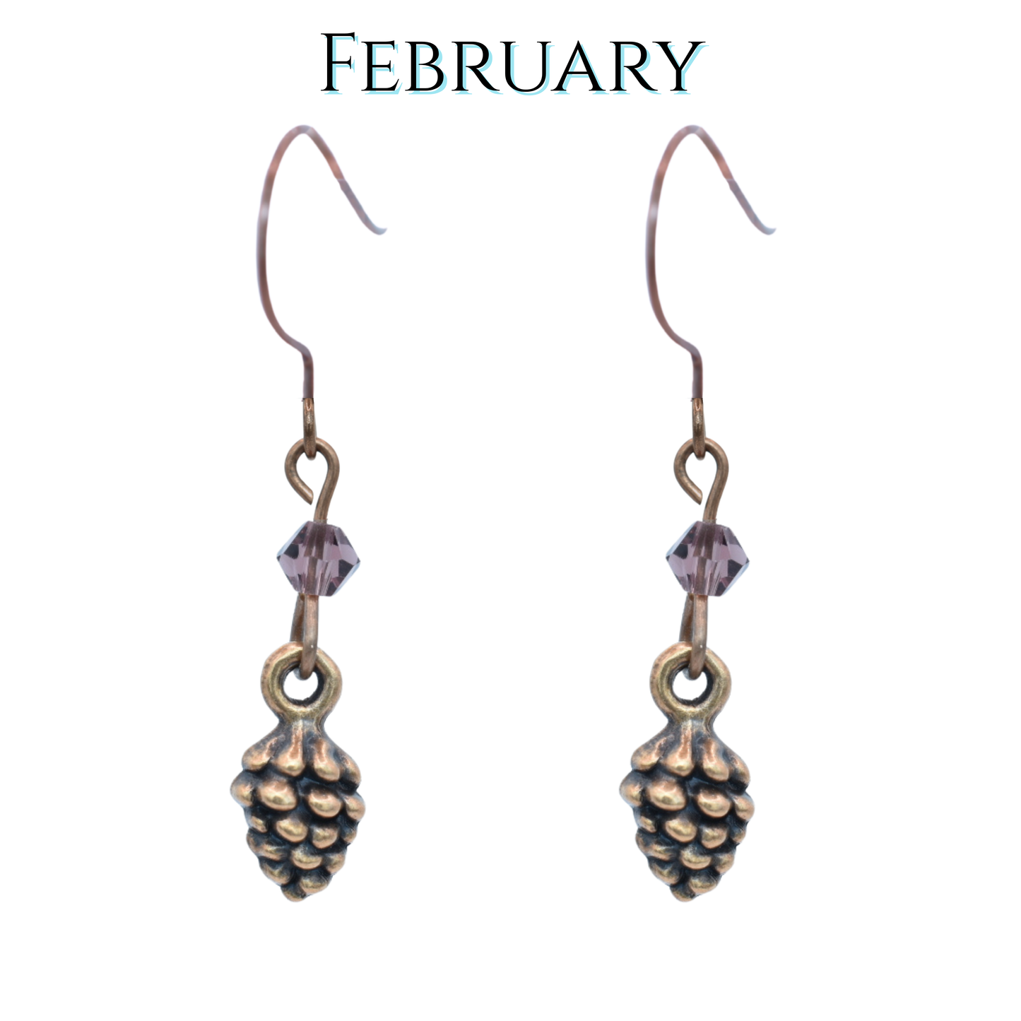 Pinecone-shaped earrings with purple amethyst crystal beads on a white background, labeled 'February'.