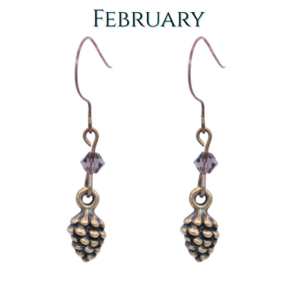 Pinecone-shaped earrings with purple amethyst crystal beads on a white background, labeled 'February'.