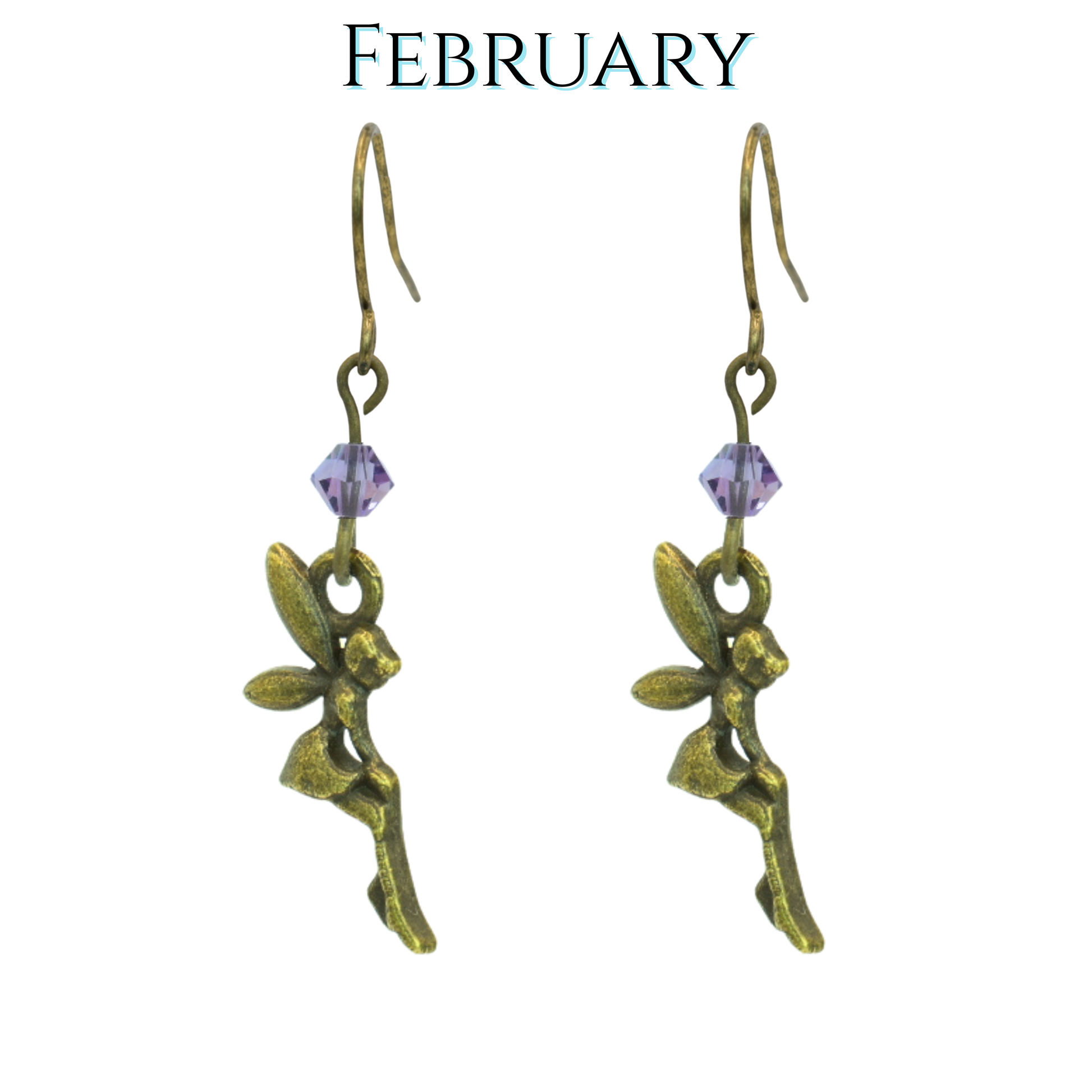 Pair of fairy-themed earrings with purple beads on a white background, labeled 'February'.