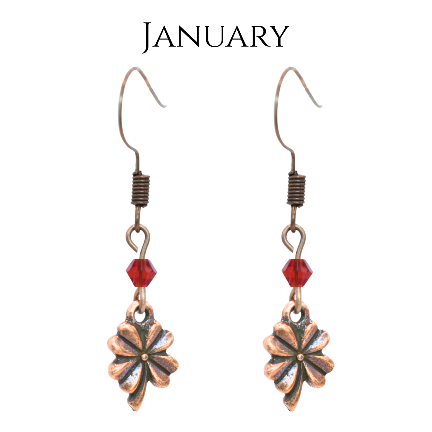 earrings featuring antique copper four leaf clover charms and Austrian crystal beads in January birthstone colors