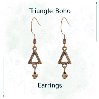 Triangle Boho Antique Copper earrings on a white background with 'Triangle Boho' text above and 'Earrings' text below.