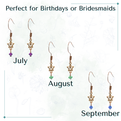 Star-shaped earrings with crystal beads labeled for July, August, and September on a white background.