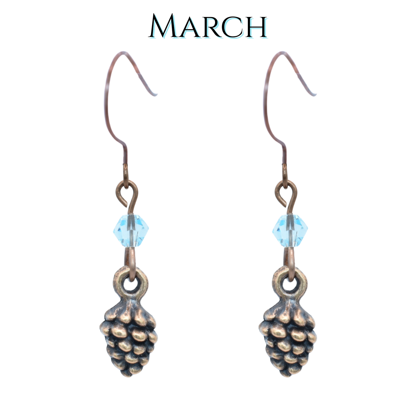 Pinecone-shaped earrings with light blue crystal beads on a white background, labeled 'MARCH'.