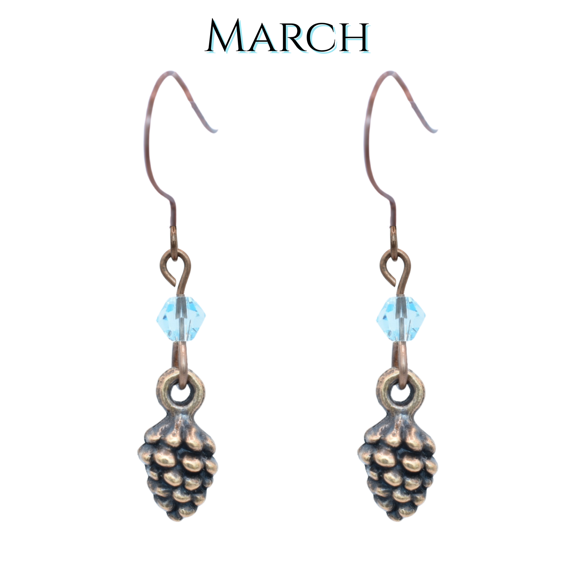 Pinecone-shaped earrings with light blue crystal beads on a white background, labeled 'MARCH'.