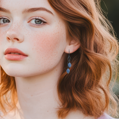 Close-up of a woman with freckles wearing earrings with tanzanite beads.