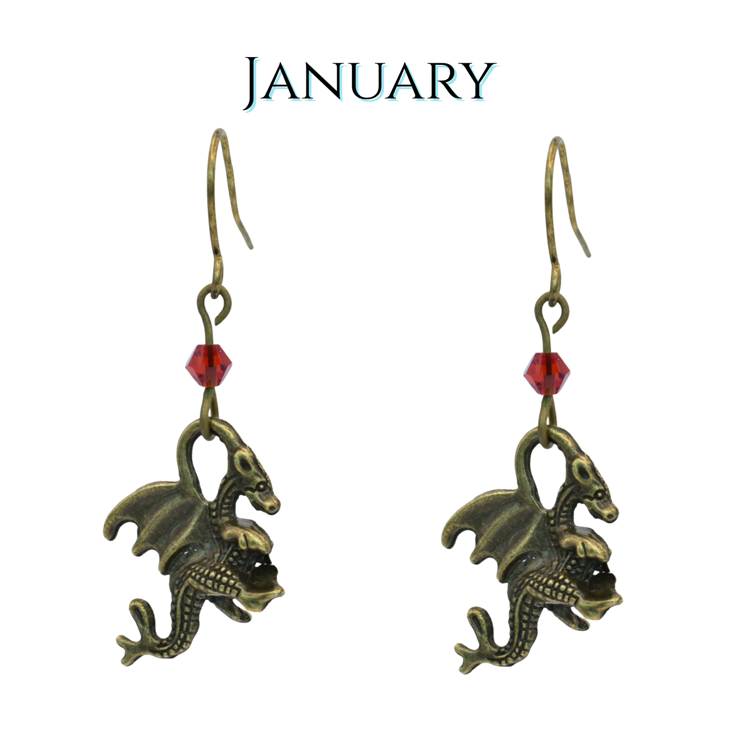earrings featuring antique bronze dragon charms and red crystal beads, image has text "January"