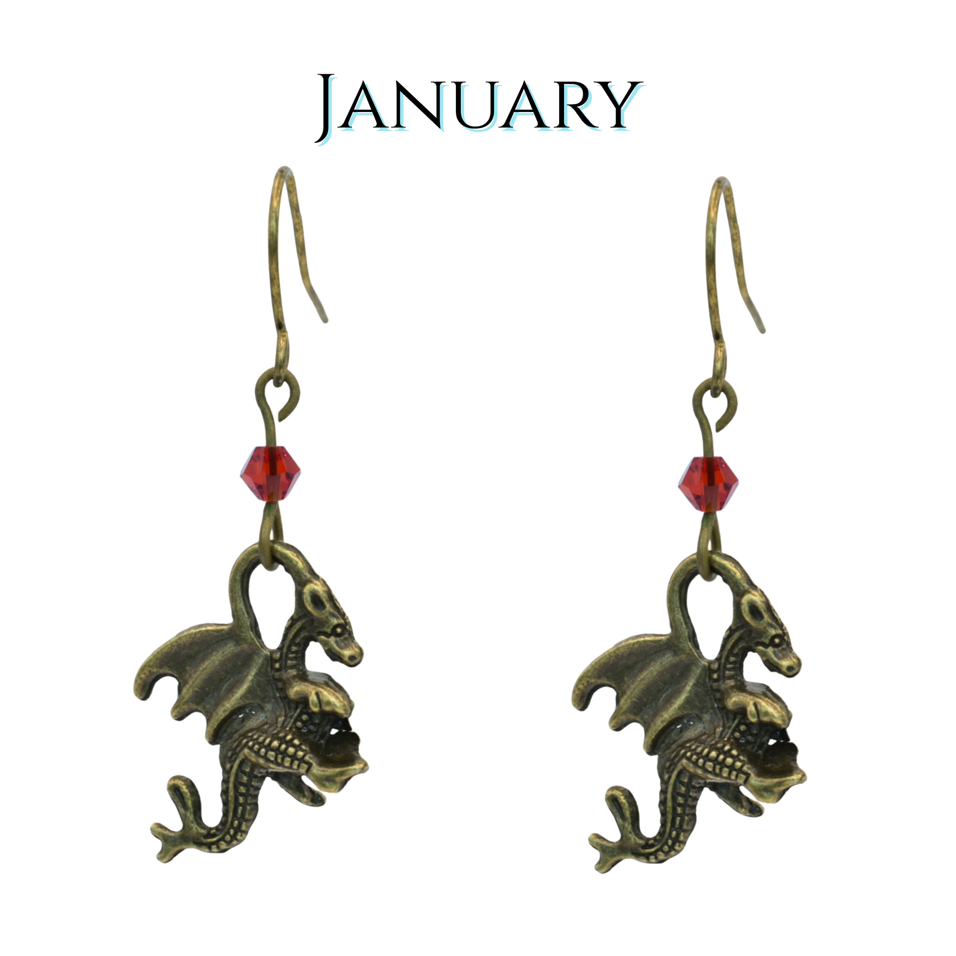 earrings featuring antique bronze dragon charms and red crystal beads, image has text "January"