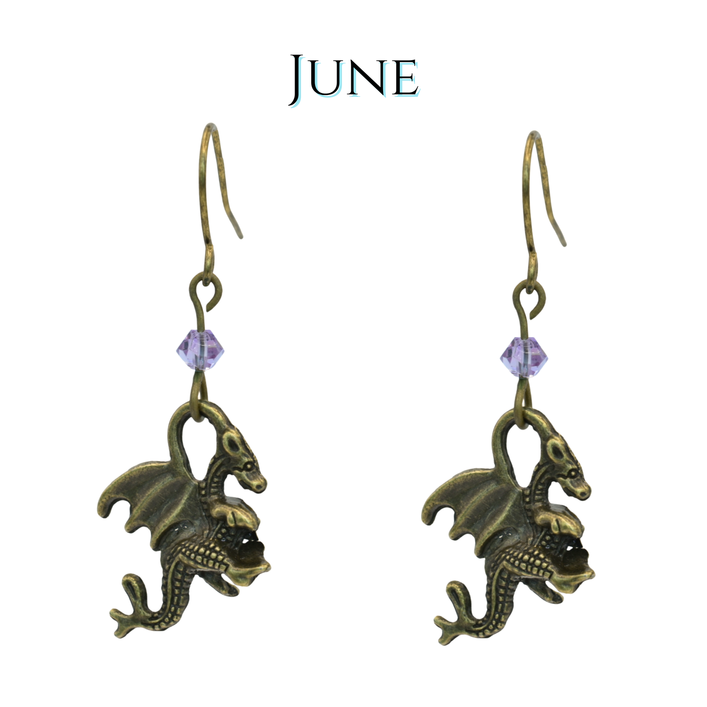 earrings featuring antique bronze dragon charms and purple crystal beads, image has text "June"