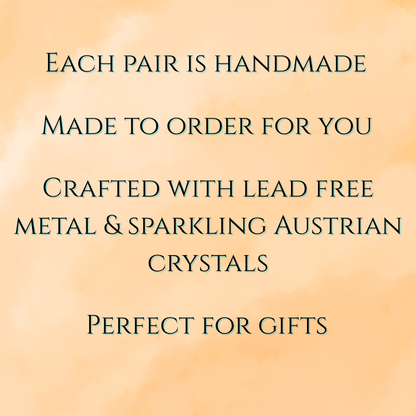 Text on a beige background about handmade jewelry with lead-free metal and Austrian crystals, made to order and perfect for gifts