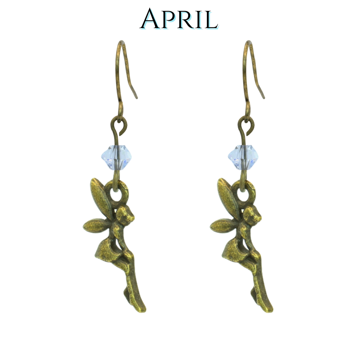 Pair of fairy-themed earrings with clear gemstones on a white background, labeled 'April'.