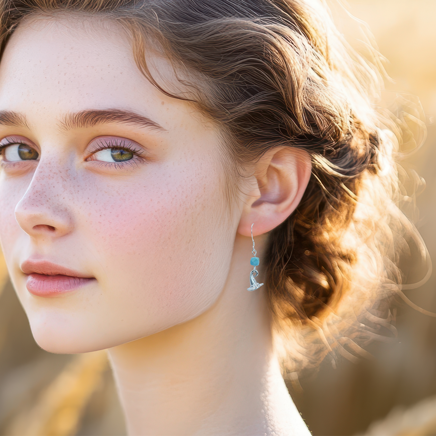 Close-up of a woman wearing earrings featuring turquoise beads and wizard hat charms with a blurred natural background