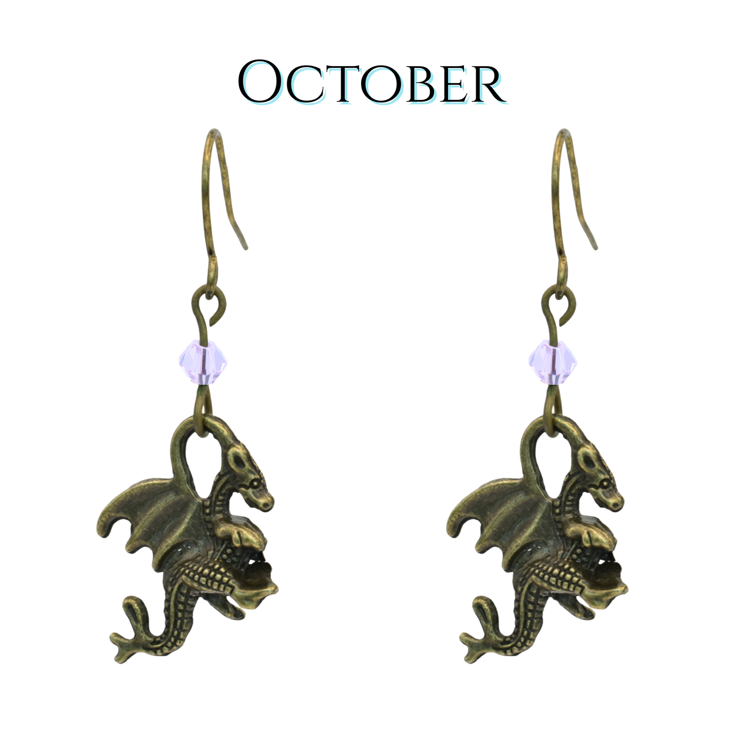 earrings featuring antique bronze dragon charms and light pink crystal beads, image has text "October"