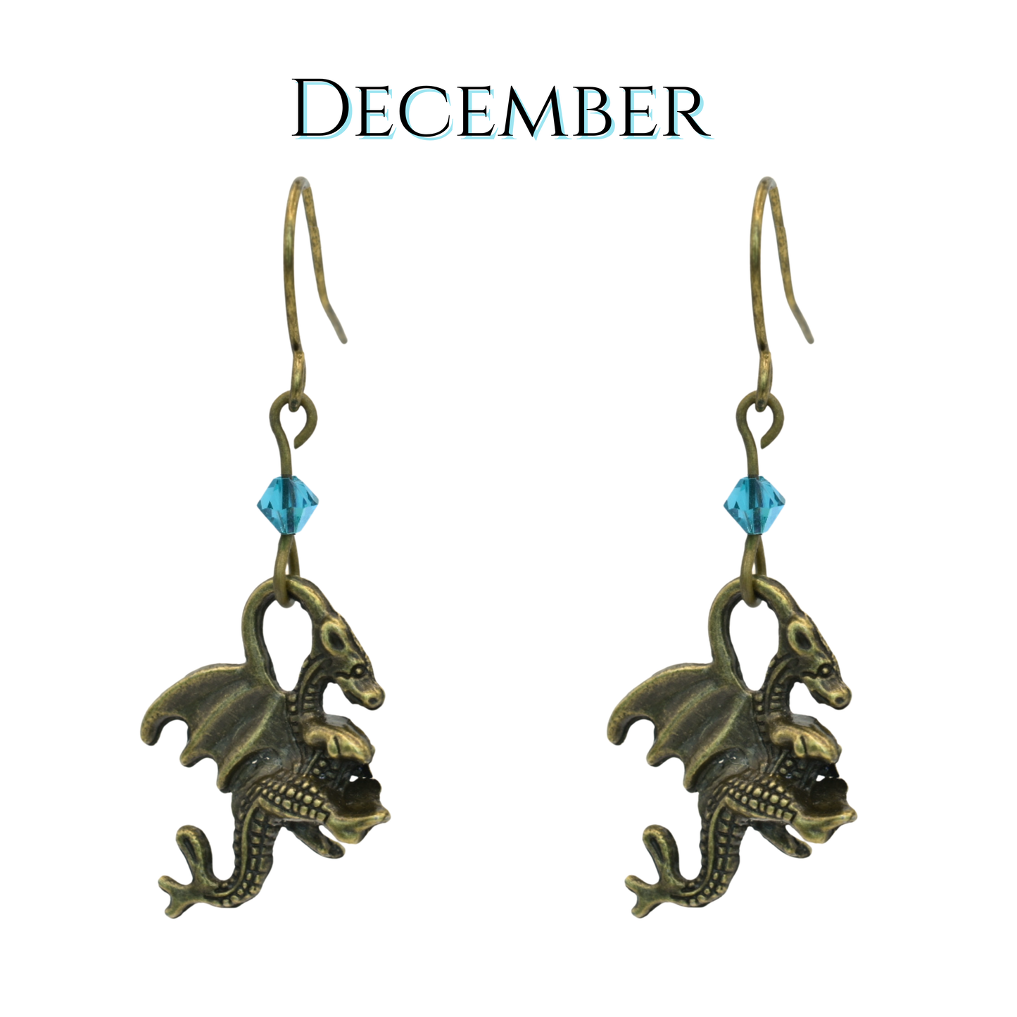 earrings featuring antique bronze dragon charms and teal crystal beads, image has text "December"