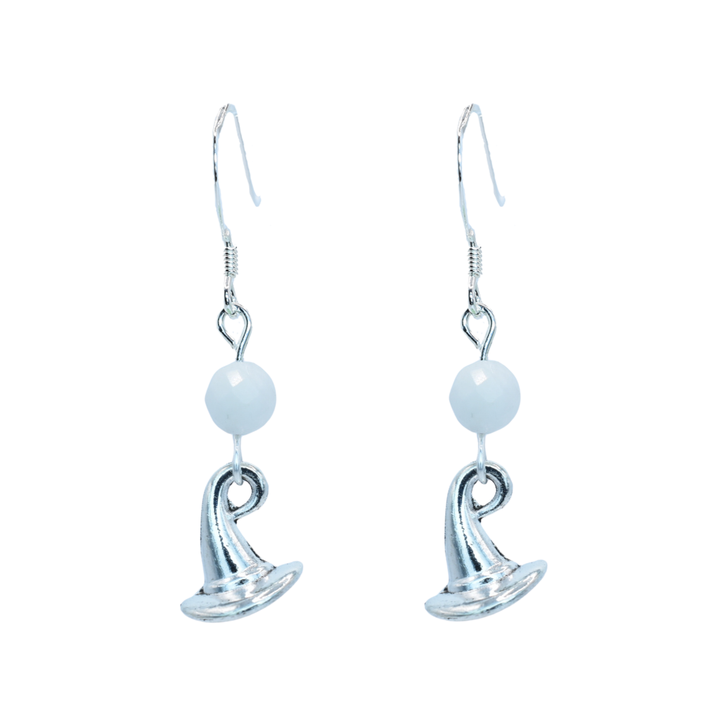 Silver earrings featuring white moonstone round faceted beads and witch hat charms on a white background