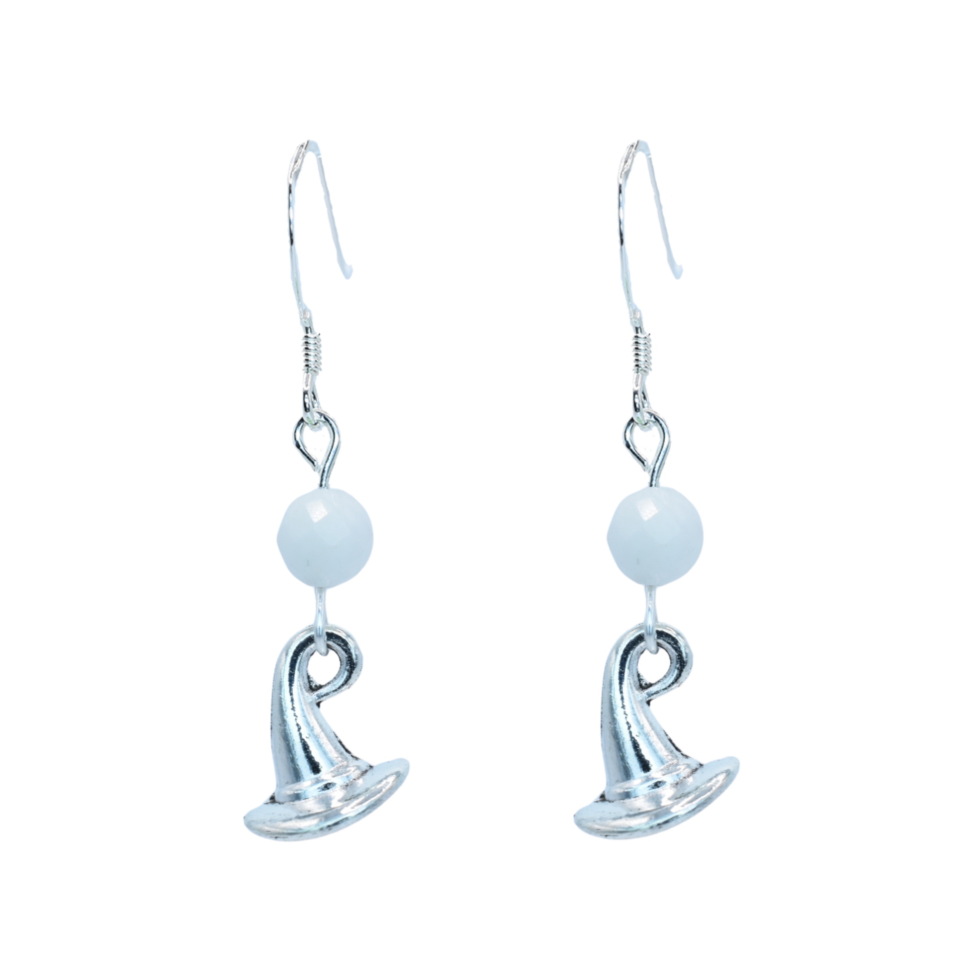 Silver earrings featuring white moonstone round faceted beads and witch hat charms on a white background