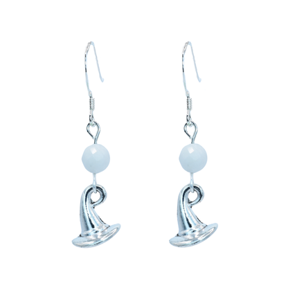 Silver earrings featuring white moonstone round faceted beads and witch hat charms on a white background