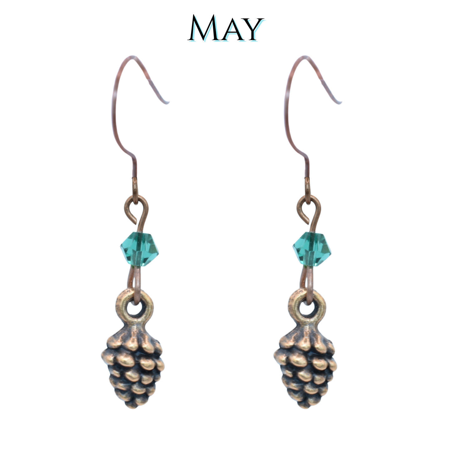 Pinecone-shaped earrings with emerald green crystals on a white background, labeled 'MAY'.