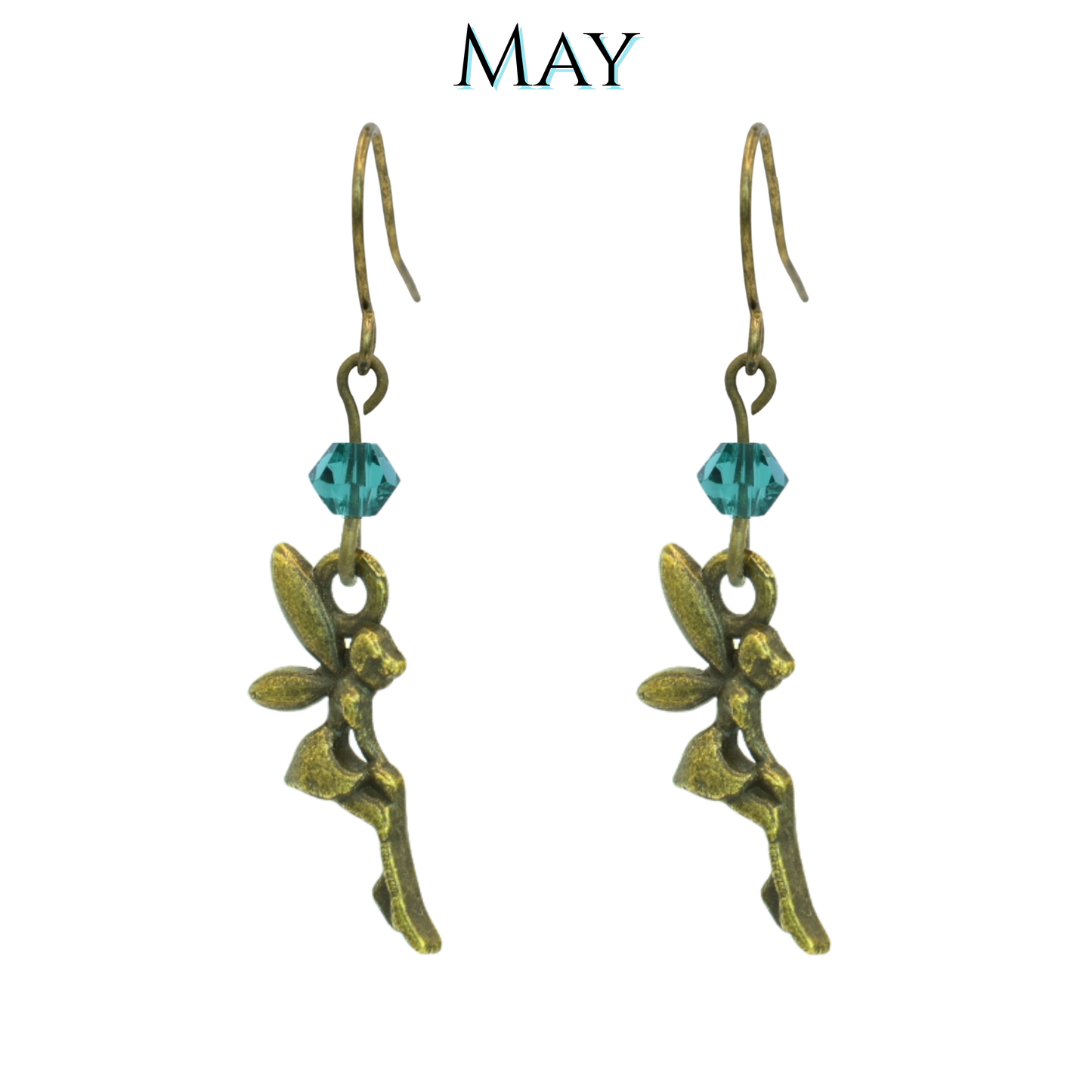 Fairy-shaped earrings with emerald green beads on a white background, labeled 'MAY'.
