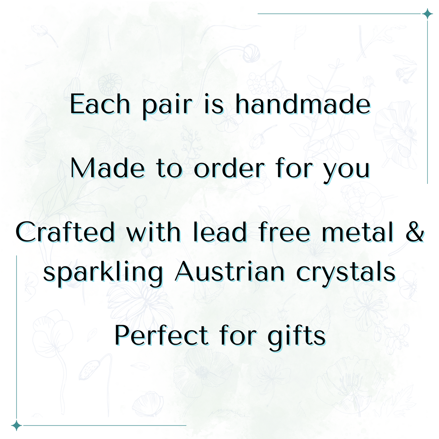 Text on a white background describing handmade jewelry with lead-free metal and Austrian crystals.
